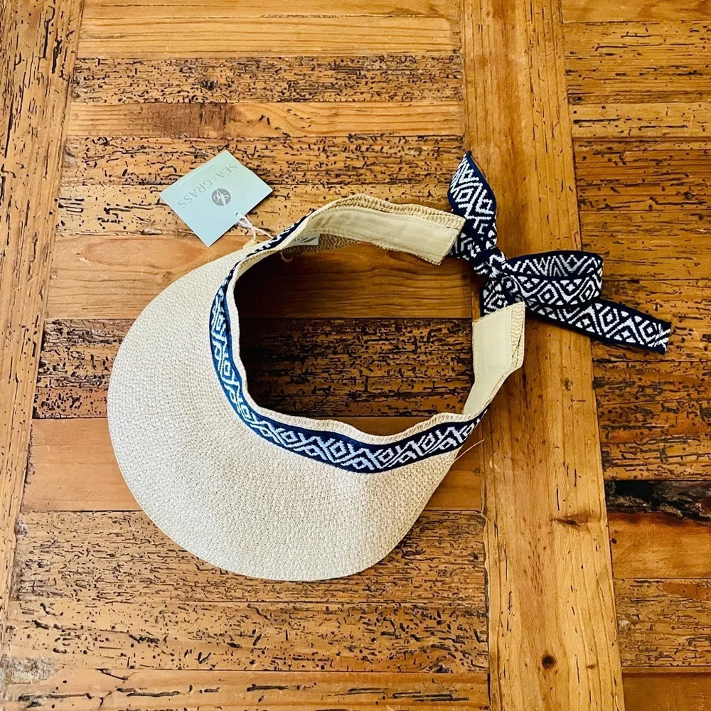 NWT Sea & Grass straw visor with ribbon tie one size packable natural blue white - Picture 3 of 11